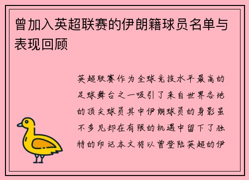 曾加入英超联赛的伊朗籍球员名单与表现回顾